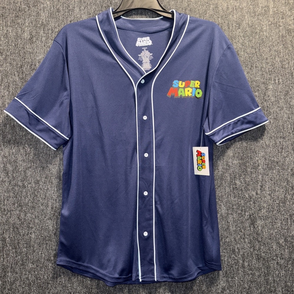 Super Mario Baseball Jersey Shirt Blue Men‎ Nintendo Short Sleeve XLarge Buttons